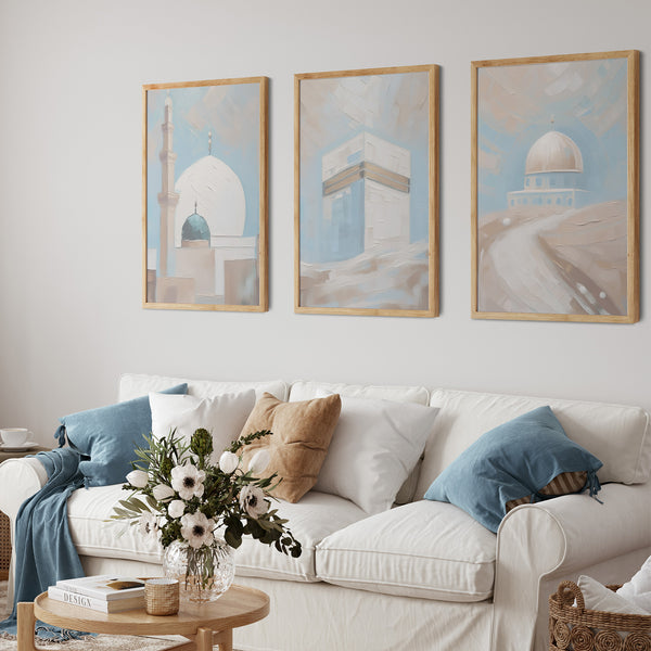 Modern Beige & Blue Mosques Abstract | 3 Large